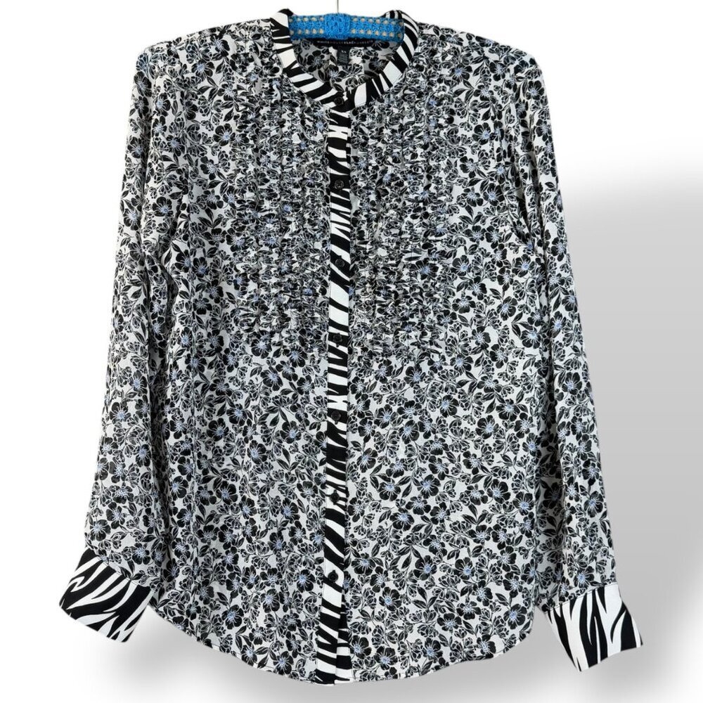 White House Black Market Shirt Womens Sz XS Mix Print Ruffle Front LS Button-Up